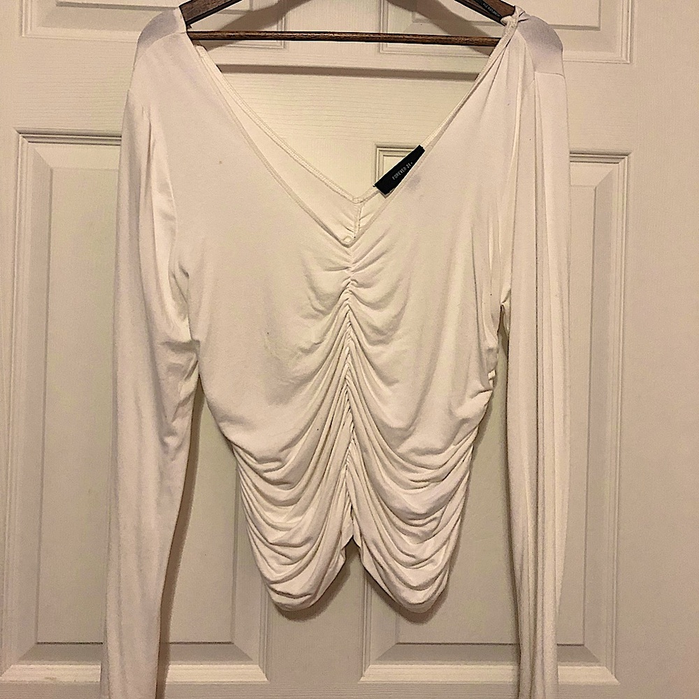 Ruched F21 White Long Sleeve Crop Top